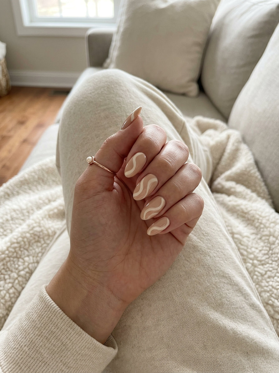 Artistic summer swirls nails for wedding guest 2026. Bohemian & sophisticated style.