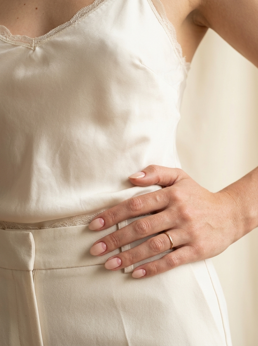 Blush reverse French nails for wedding guest 2026. Romantic & elegant bridal party style.