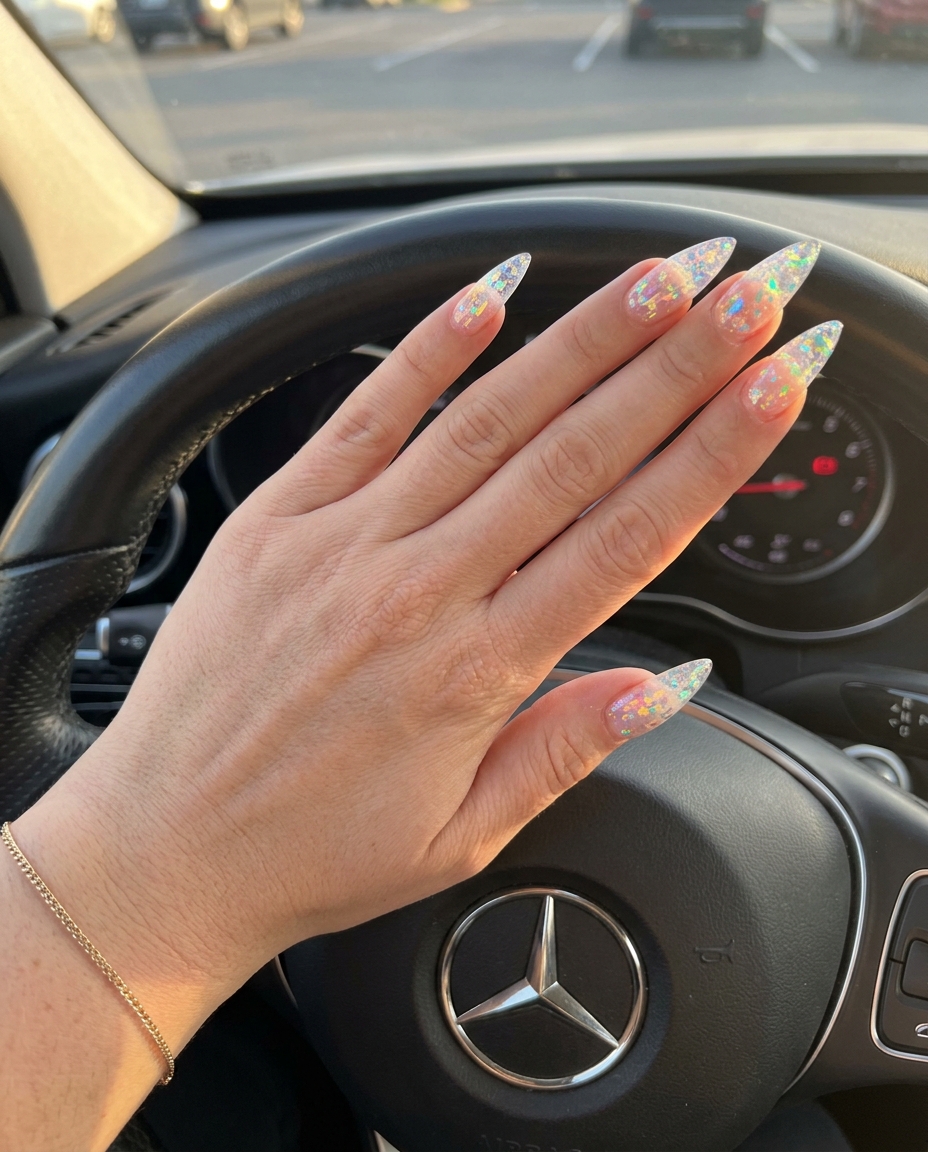 Cosmic crystal stiletto nails for wedding guest 2026. Futuristic & glamorous night out style.