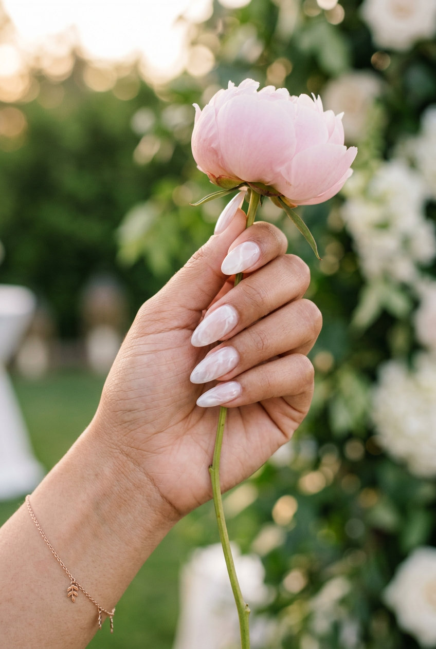 Ethereal marble cloud nails for wedding guest 2026. Romantic & dreamy bridal style.