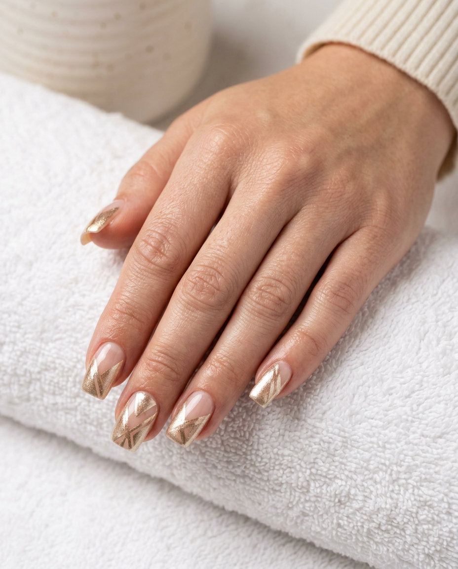 Minimalist gilded negative space nails for summer wedding guest 2026.
