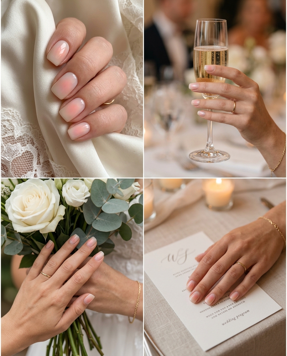 Halo aura square nails for wedding guest 2026. Minimalist & chic bridal style.
