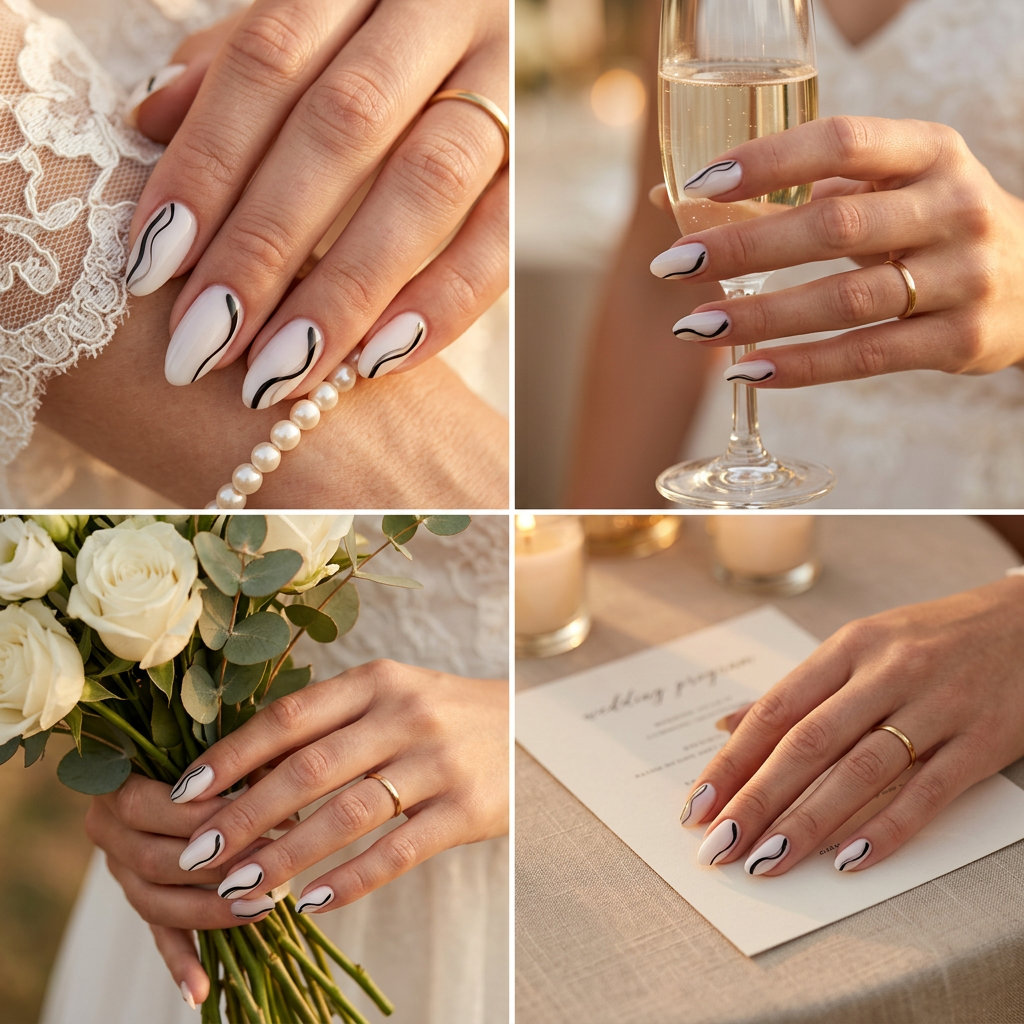 Edgy modern abstract milky white nails for summer wedding guest 2026.