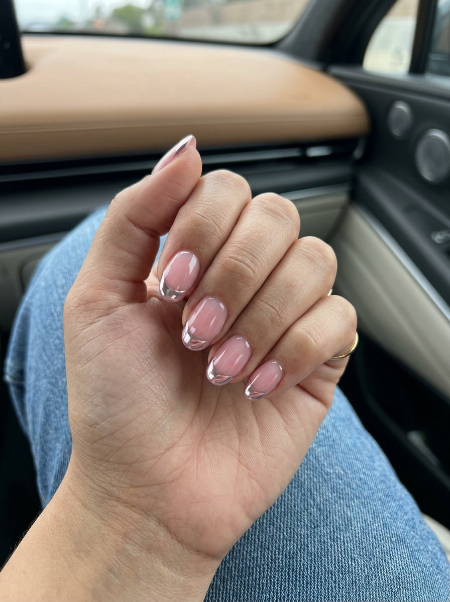 Futuristic reflective pink chrome French tip nails for summer wedding guest 2026.