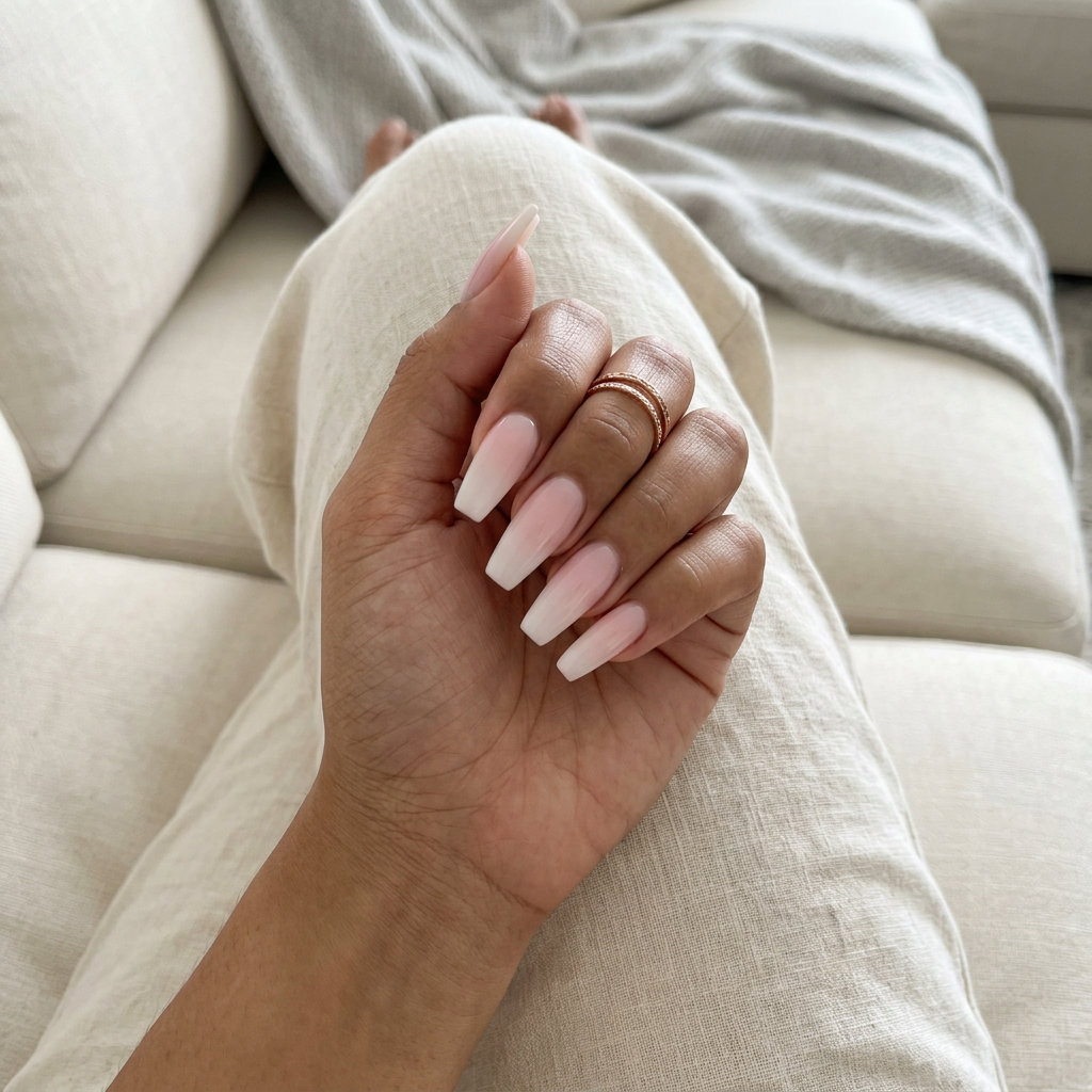 Dreamy pink gradient coffin nails for wedding guest 2026. Romantic & polished bridal shower style.