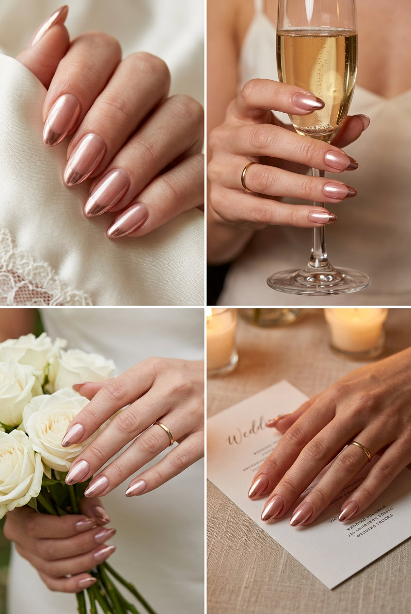 Romantic rosy chrome French tip nails for a summer wedding guest in 2026.