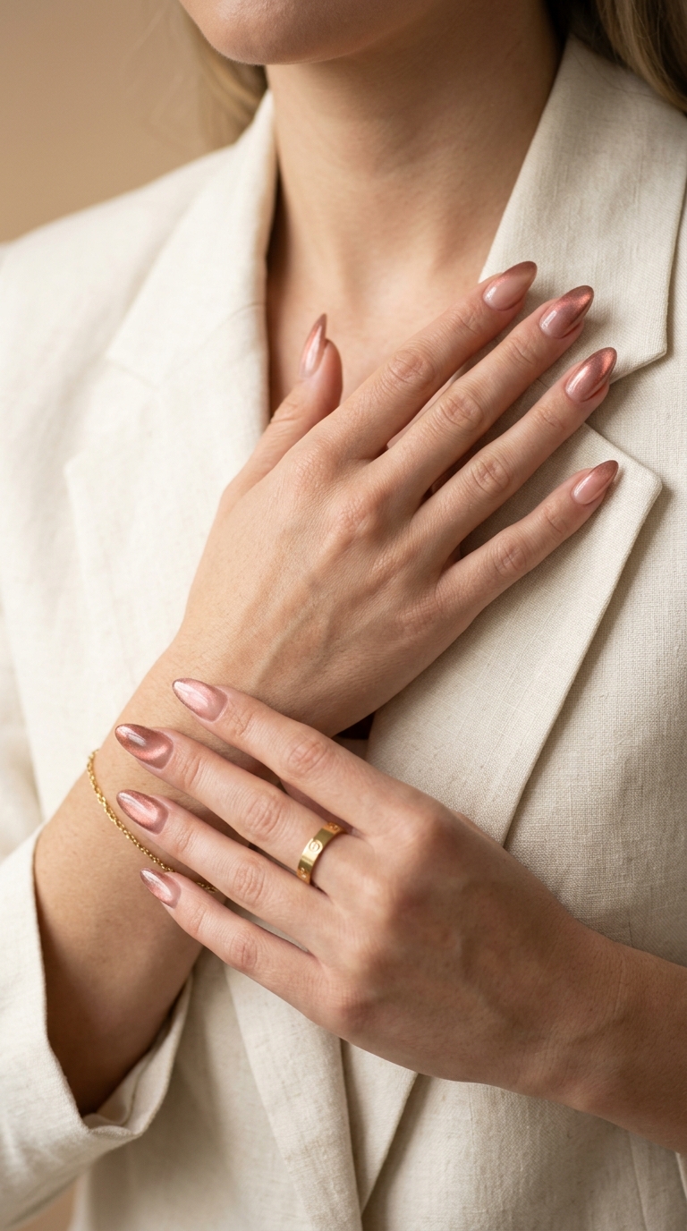 Sheer nude cat-eye almond nails for summer wedding guest outfits 2026. Sultry, sophisticated look.