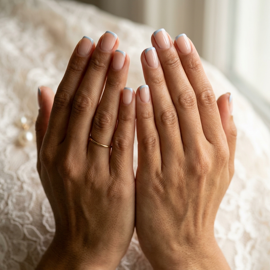 Summer sky micro French nails for summer wedding nails 2026. Clean, serene, polished daily wear.