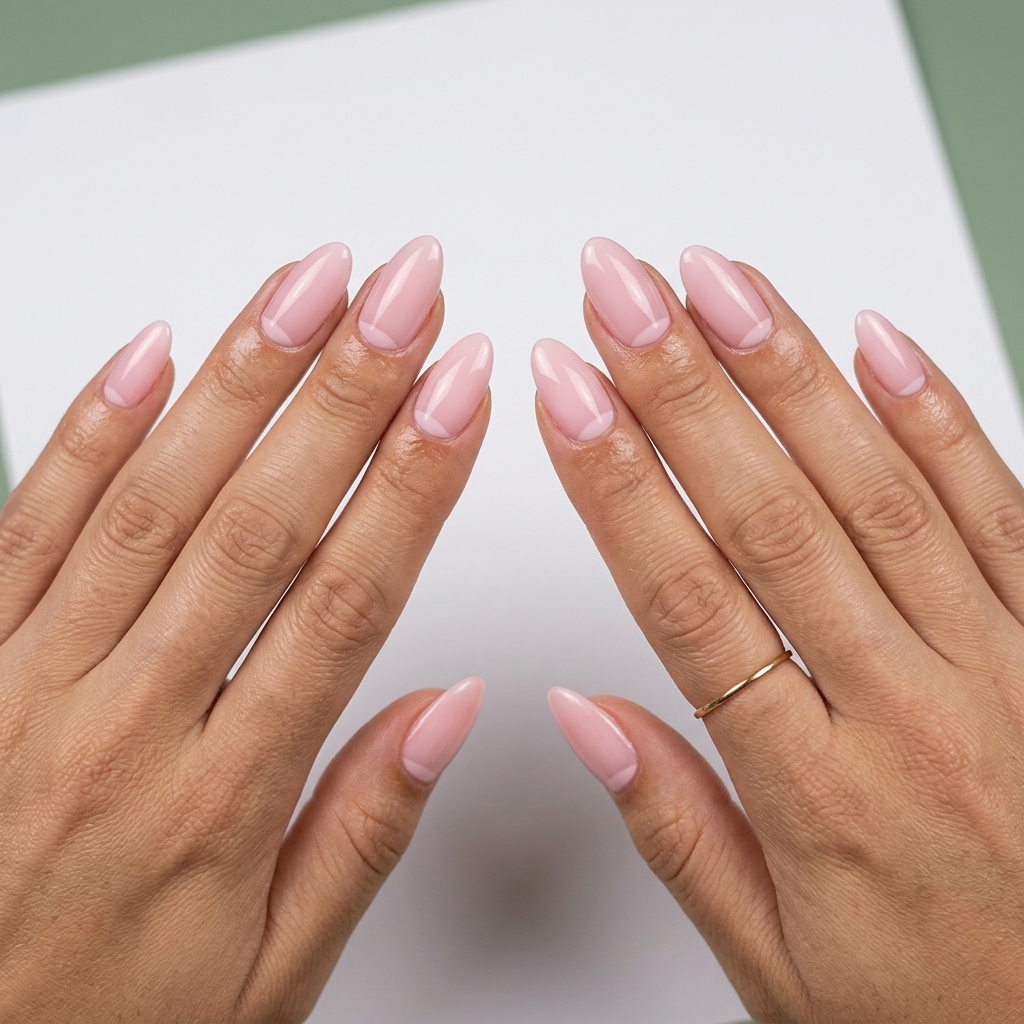 Soft pink reverse French nails for wedding guest 2026. Romantic & polished date night style.