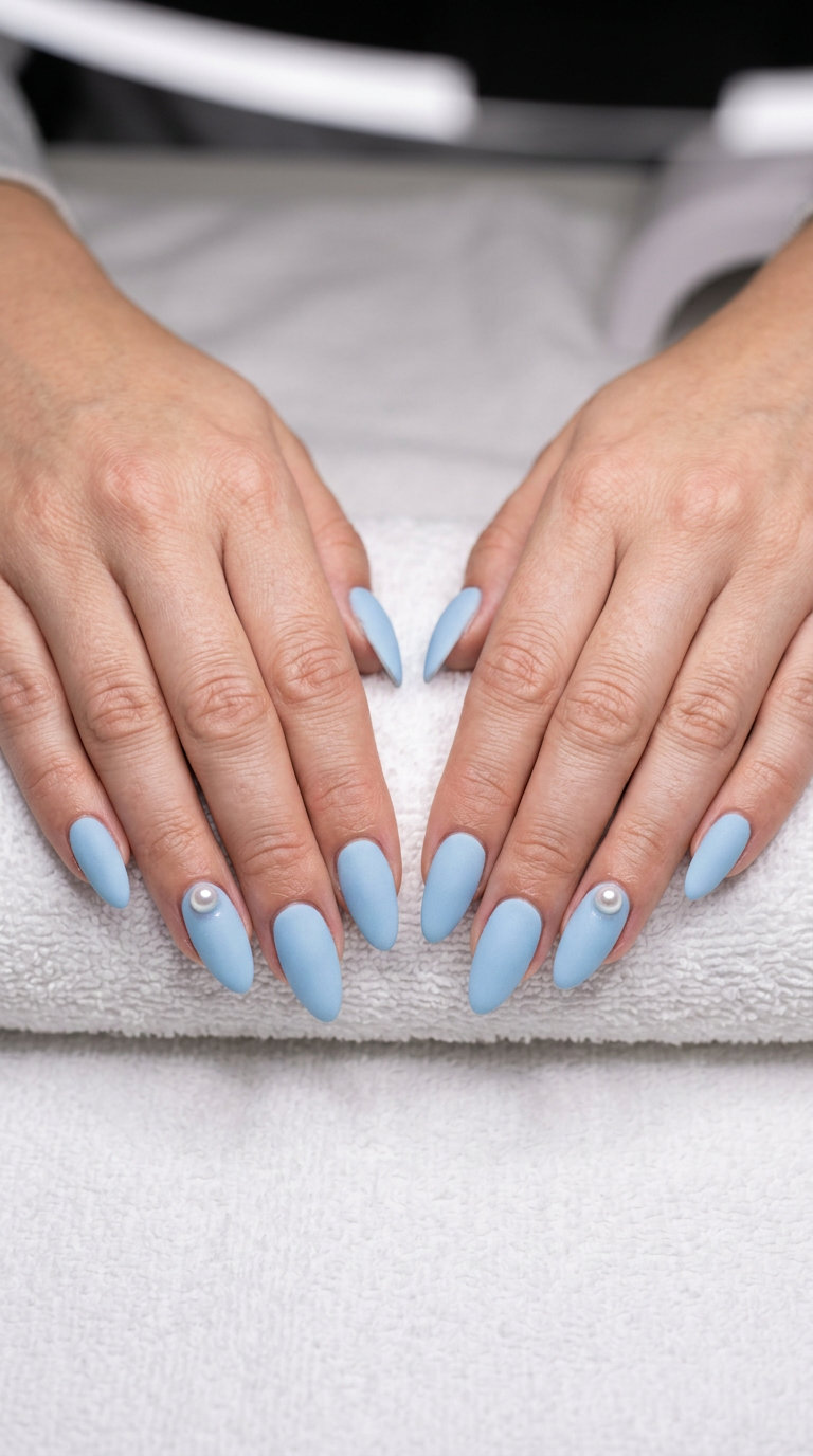 Velvet sky pearl nails for summer wedding nails 2026. Sophisticated, elegant formal event look.