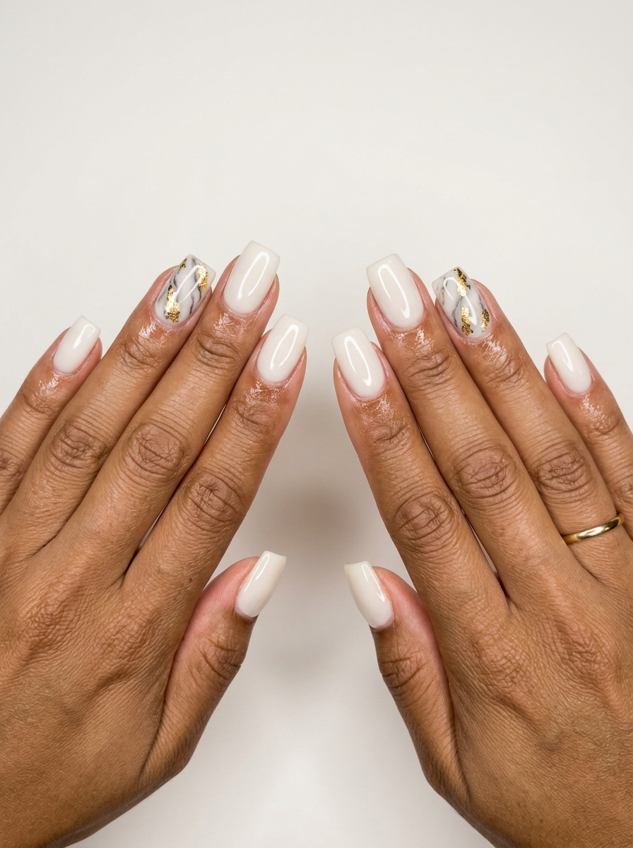 Sophisticated white marble square nails with gold flakes for summer wedding guest 2026.