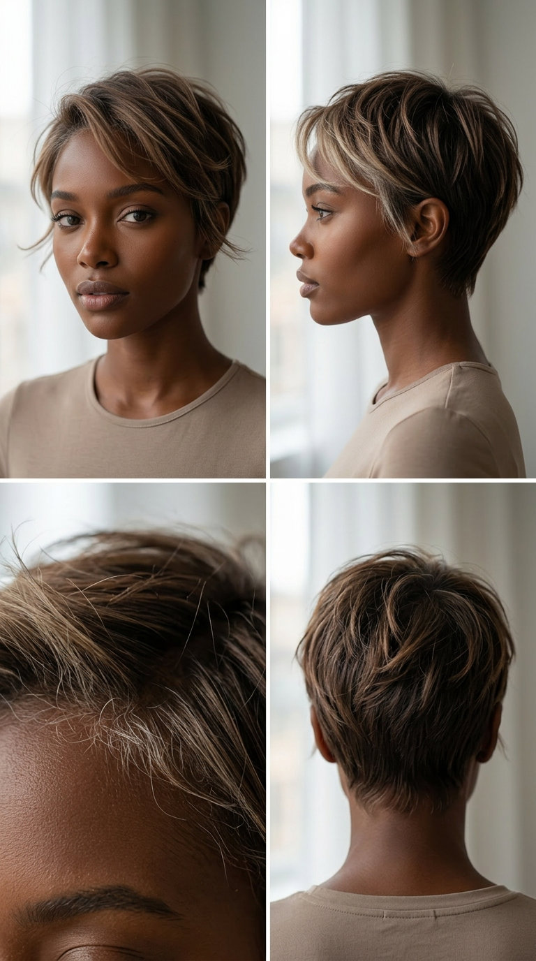 short sun-bleached scandi pixie with platinum hairline and textured layers for summer