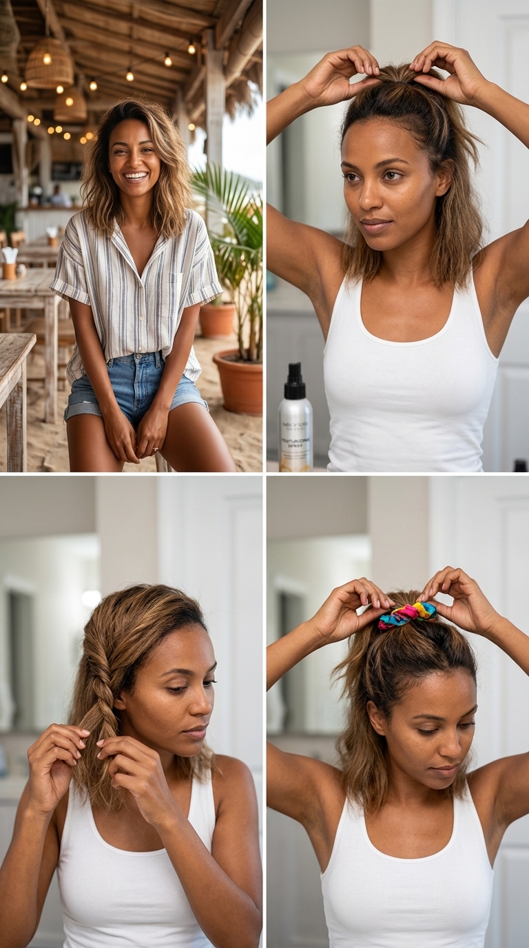 long sun-kissed blonde twisted half up half down, messy twist, face-framing pieces — playful, effortless, casual