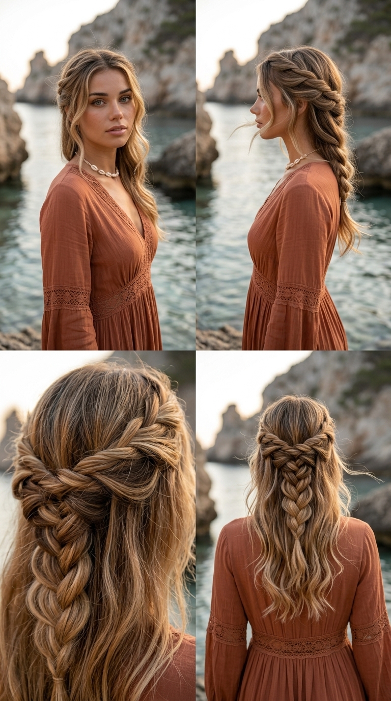 long sun-kissed blonde twisted and braided crown half up half down for summer weddings