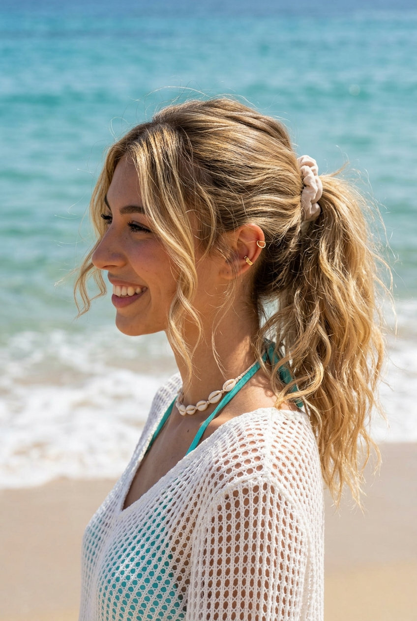long sun-kissed blonde ponytail with natural root and tousled texture for casual outings
