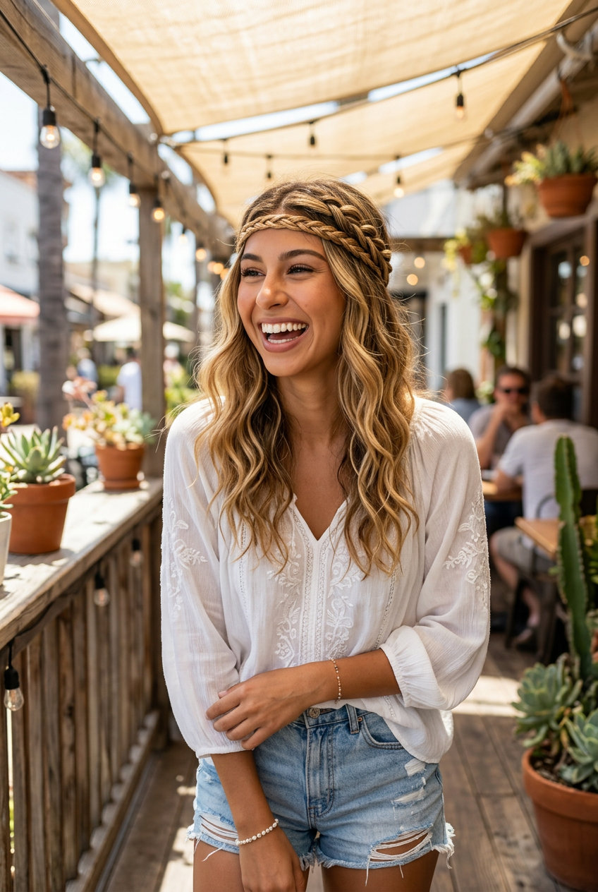 Boho Braided Headband Waves 2026 long sun-kissed blonde waves with golden highlights, braided headband texture, and no fringe for summer vacation