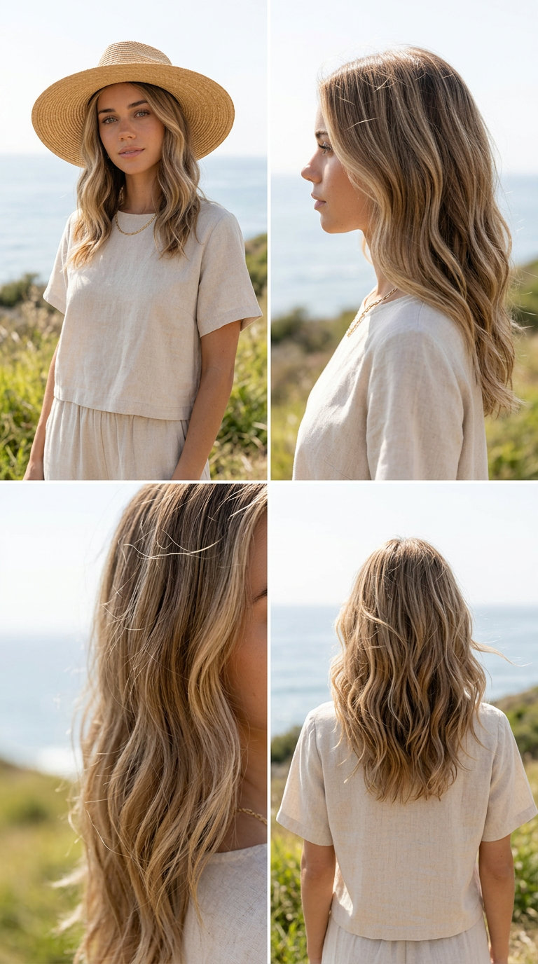 long sun-kissed blonde beachy waves with golden highlights, air-dried texture, and wide brim hat