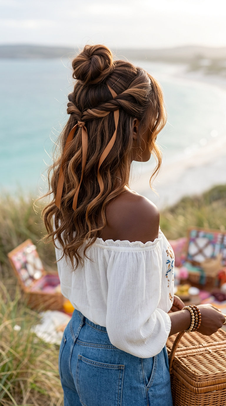 long hair updo in sun-kissed brunette with caramel ribbons, twisted into a messy top knot with face-framing tendrils — playful boho