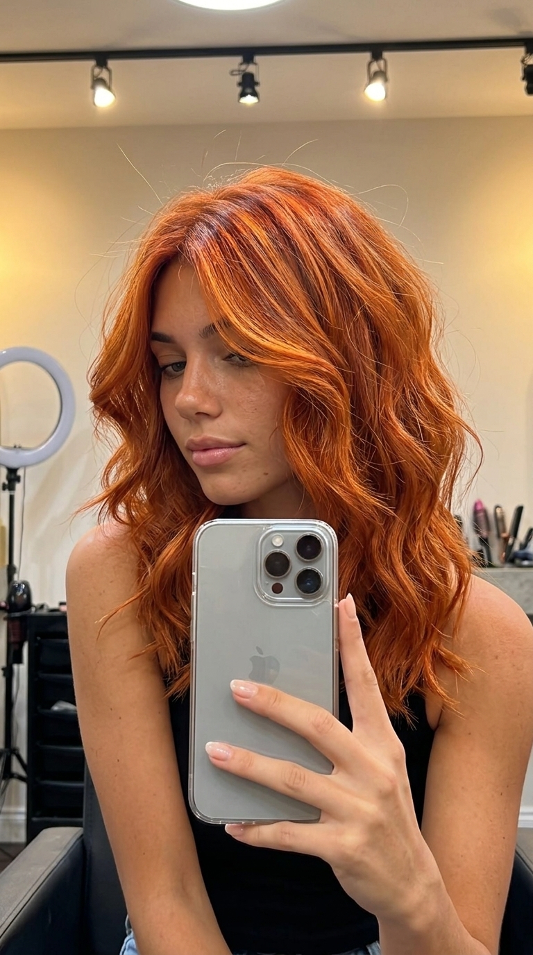 long sunburst copper hair color with orange-gold babylights, copper-orange gloss — playful music festival