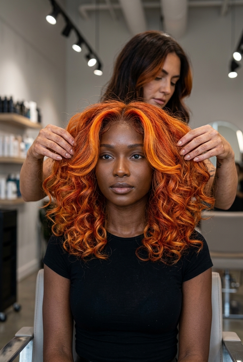 medium textured coils in vivid sunset orange with red & yellow tones, face-framing layers for summer