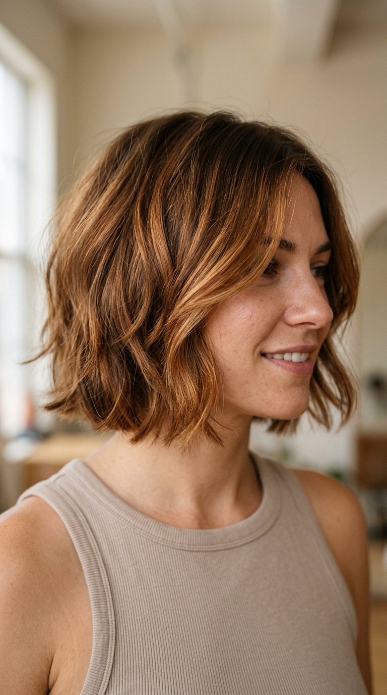 chin-length syrup brown bob with honey gold balayage for summer vacation