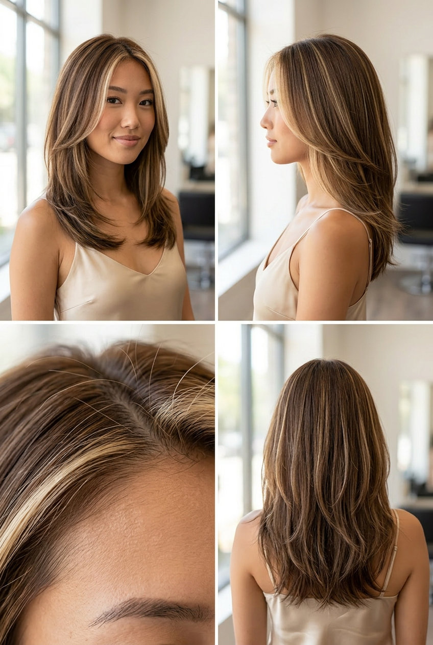 medium syrup brown with butter blonde Scandi hairline for festivals