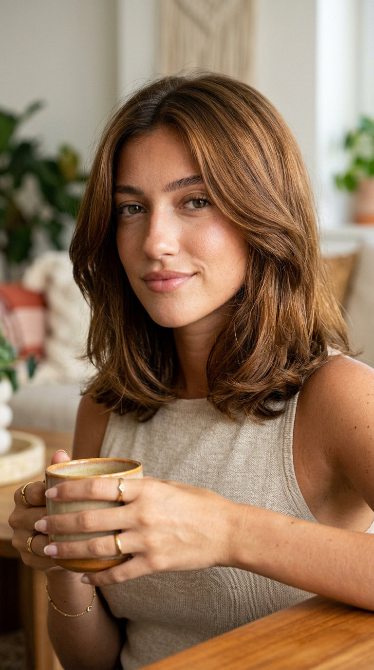 shoulder-length syrup brown lob with tousled waves for weekend brunch
