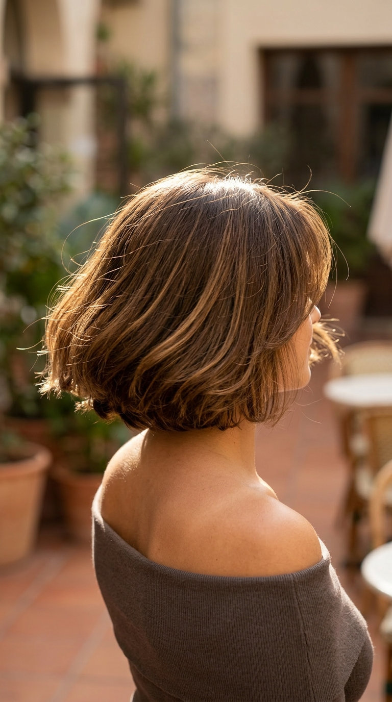 chin-length bob haircut with syrup brunette & golden honey balayage, internal layering, playful mood