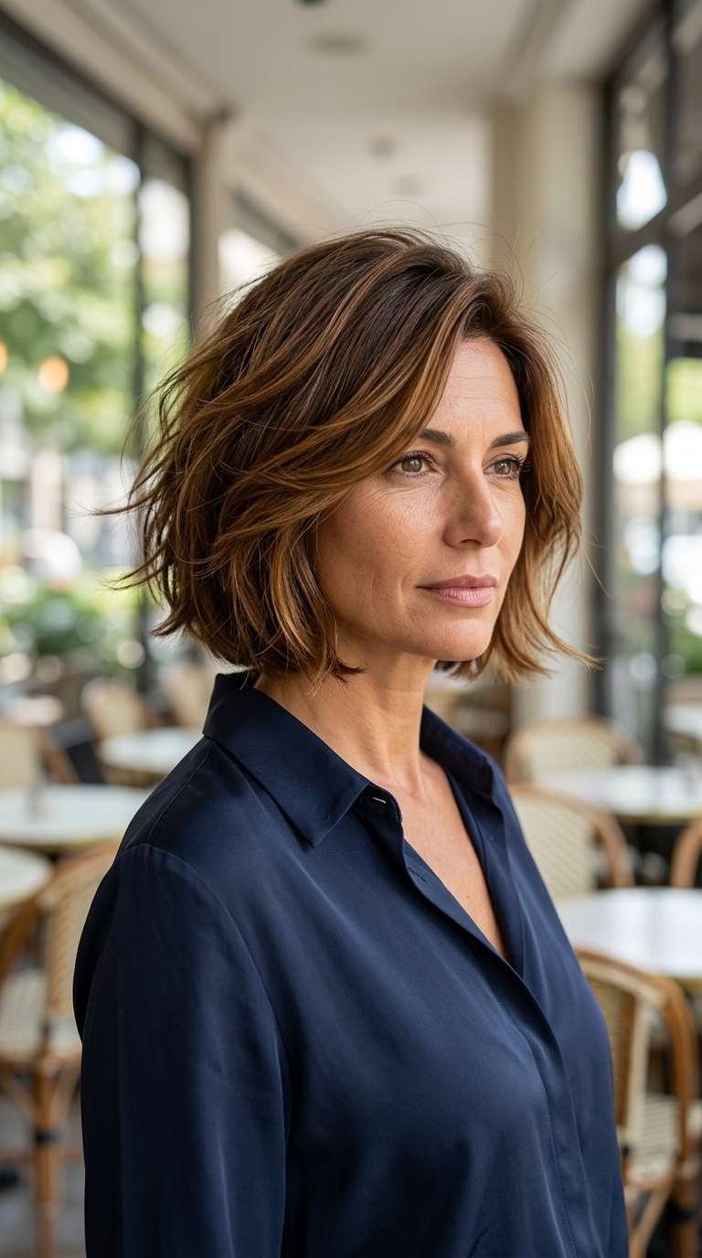 chin-length italian bob syrup brunette with caramel face-framing, blunt perimeter — effortless chic, playful