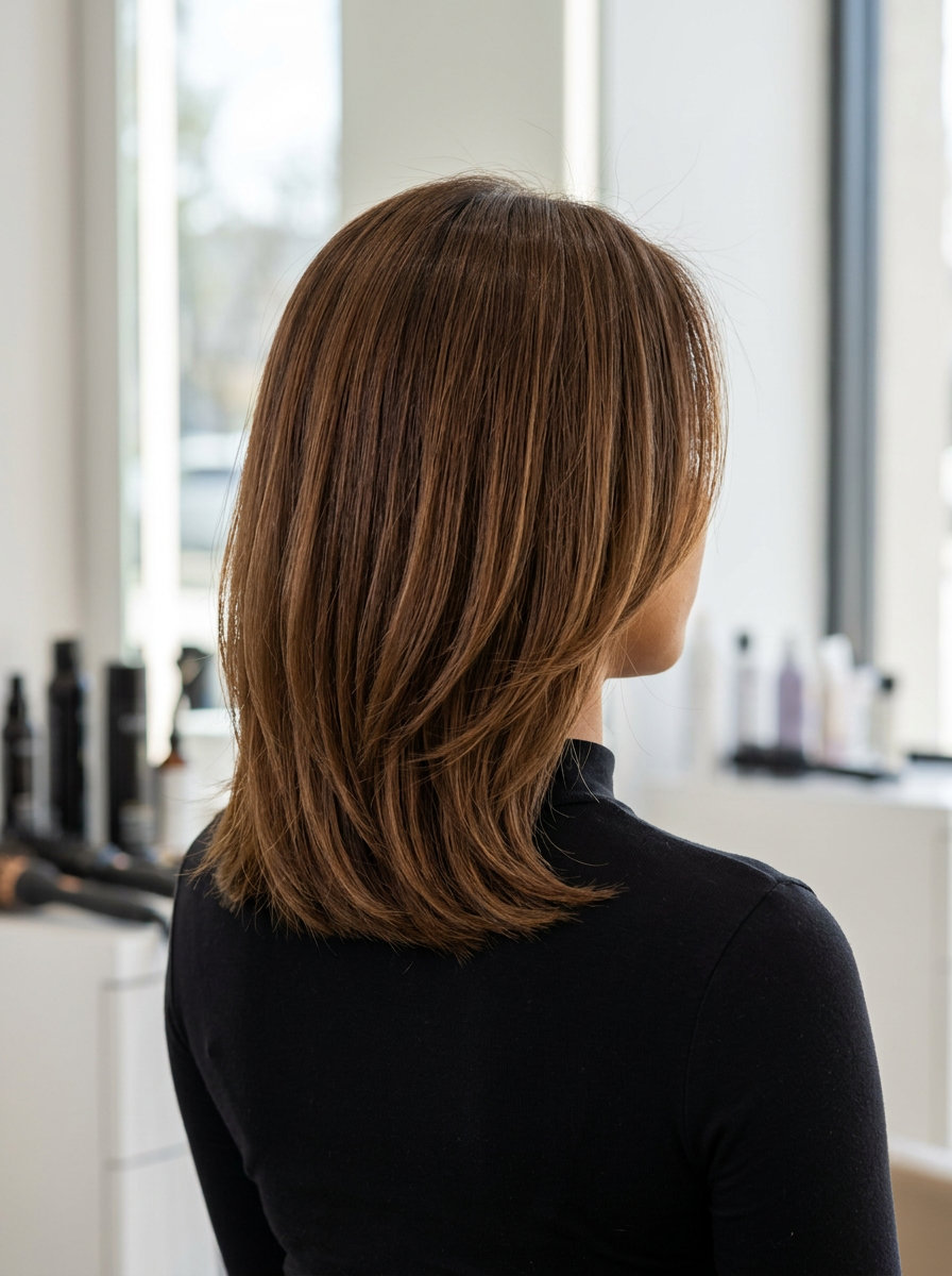 collarbone syrup brunette haircut with internal graduated layers and inward curve for elegance