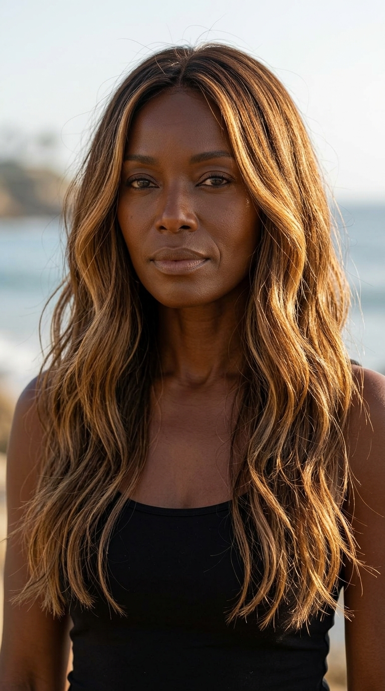 extra-long choppy layered haircut syrup brunette with golden caramel balayage, face-framing pieces — bold, boho chic