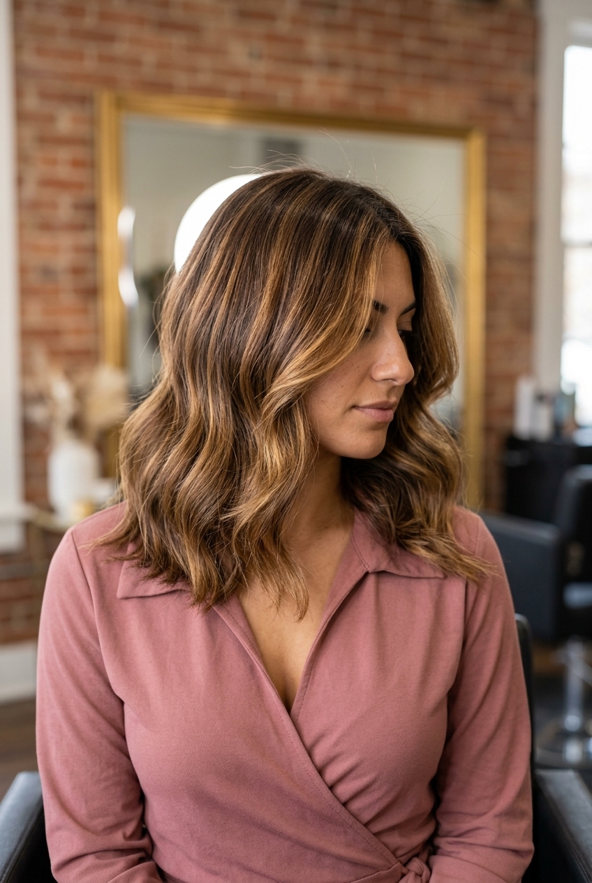 Syrup Brunette Balayage 2026 long deep brunette balayage with amber and gold ribbons and internal layers — rich french chic