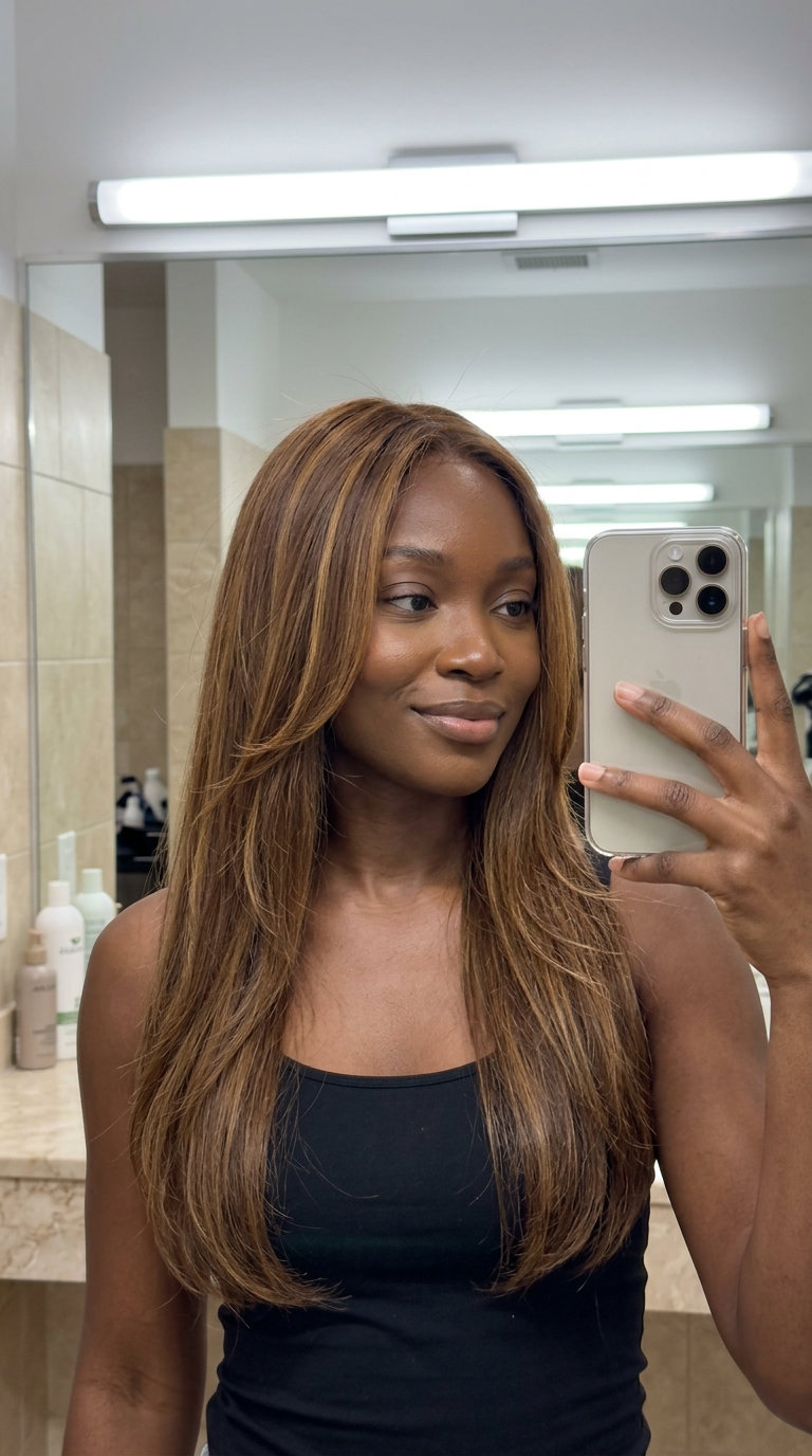 long haircut with syrup brunette & caramel ribbons, face-framing layers, soft mood