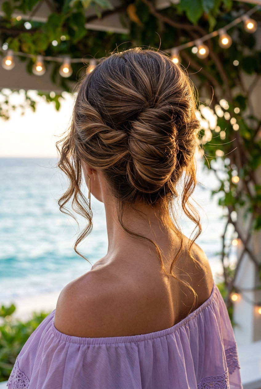 Elegant French Twist 2026: Summer Nights long syrup brunette hair in a French twist with caramel ribbons and loose tendrils for summer vacation hairstyles 2026