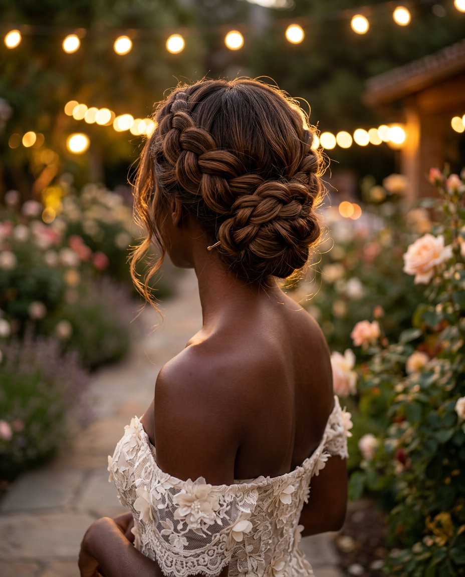 long layered haircut with syrup brunette and caramel ribbons, face-framing layers — romantic garden party