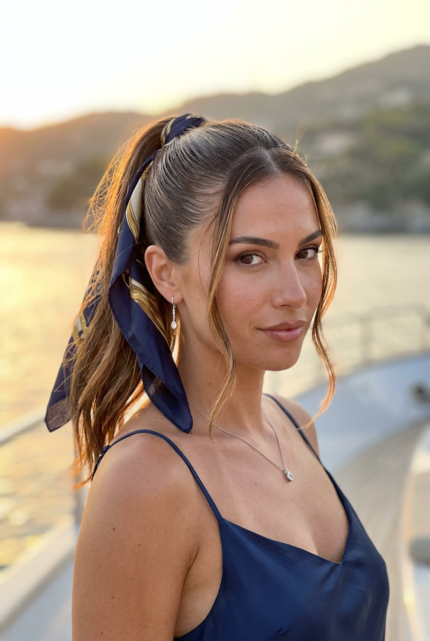 Chic Syrup Brunette Pony 2026 long syrup brunette ponytail with caramel ribbons, sleek texture, and scarf accent for summer vacation