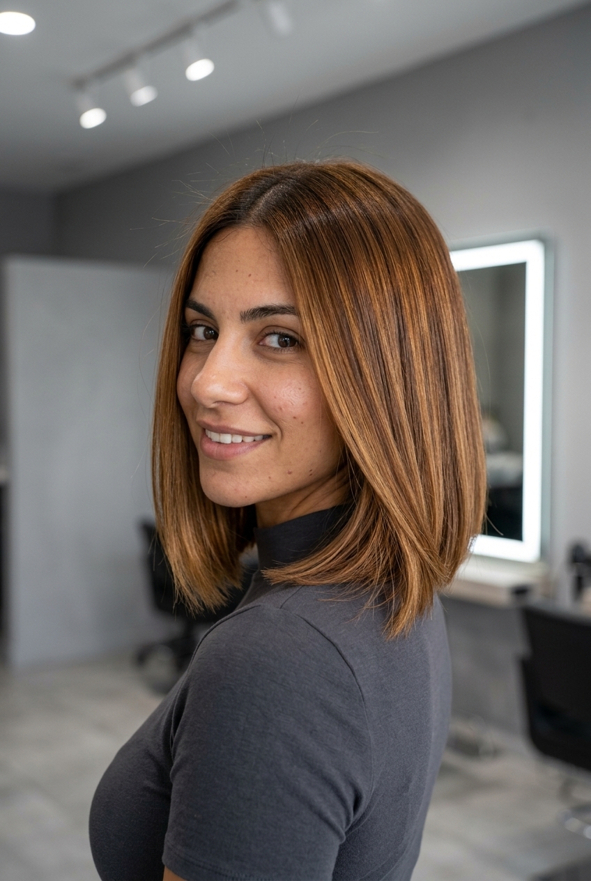 medium bob haircut with syrup brunette, caramel ribbons, and no fringe for chic events