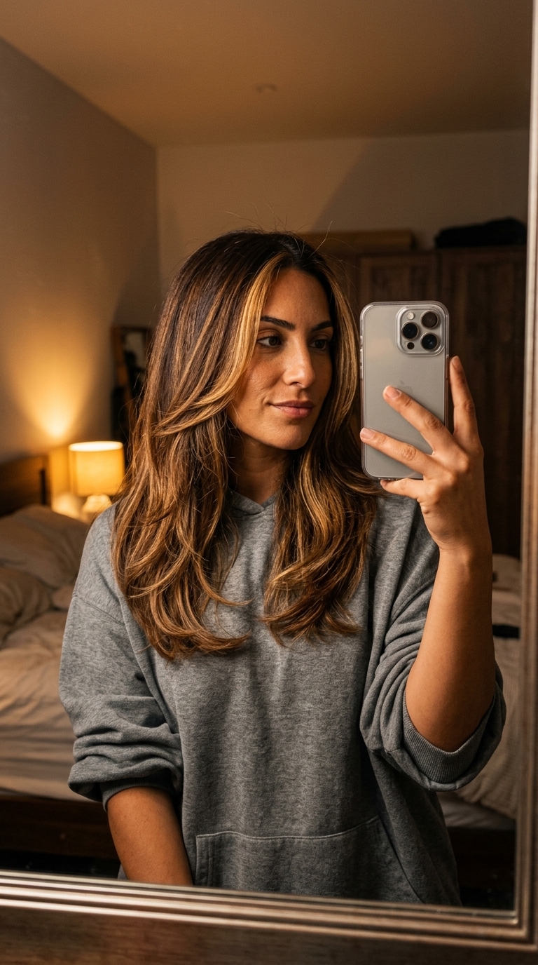 medium layered haircut in syrup brunette with caramel balayage for romantic getaways