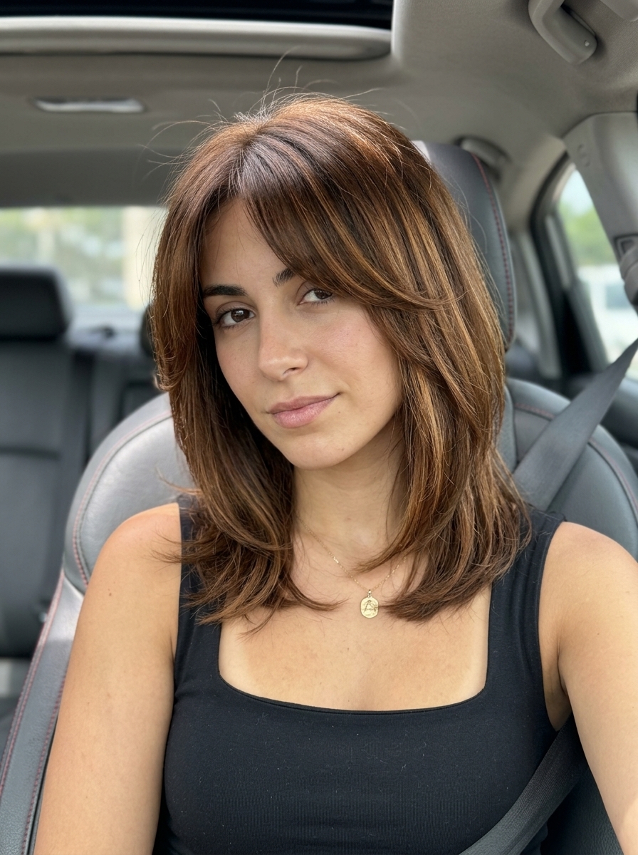 medium shag haircut in syrup brunette with caramel ribbons for summer