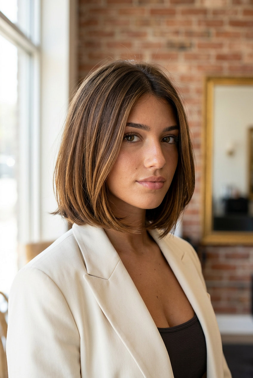 short soft bob haircut with syrup brunette, caramel ribbons, and subtle layers for evening event