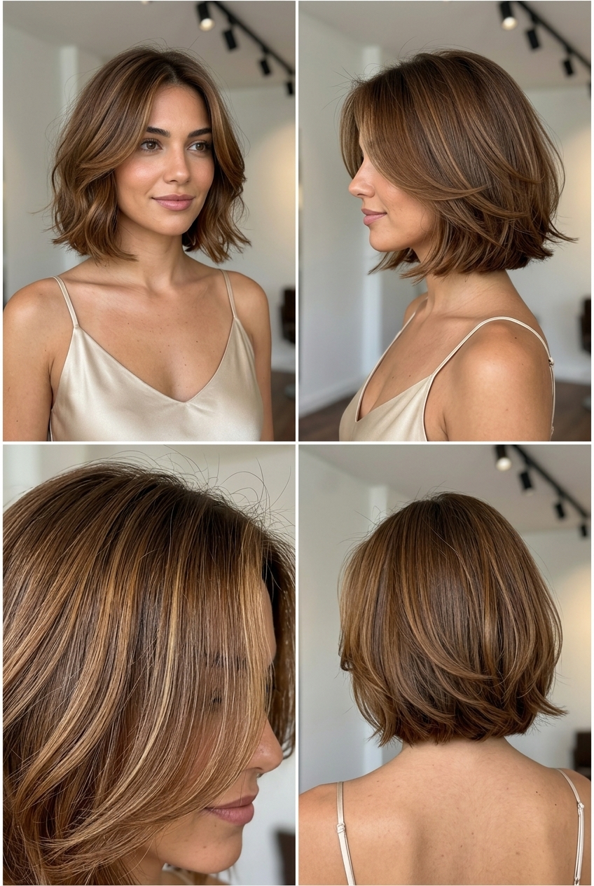 Syrup Brunette Bob: Romantic Waves 2026 short italian bob haircut in warm translucent brown with caramel undertones, point-cut ends, no fringe — romantic and alluring