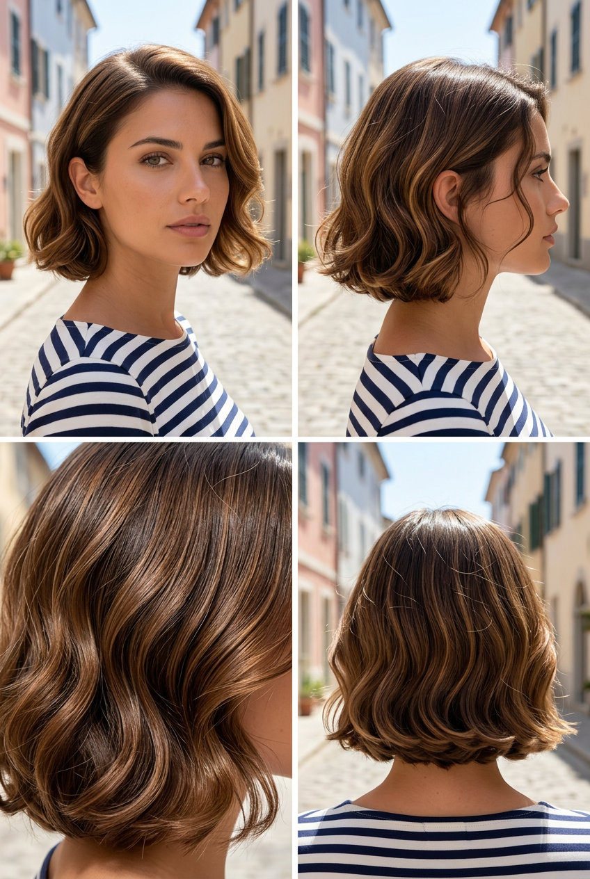 shoulder-length bob haircut in rich syrup brunette with golden amber undertones, sculpted waves, and tucked sides — chic professional
