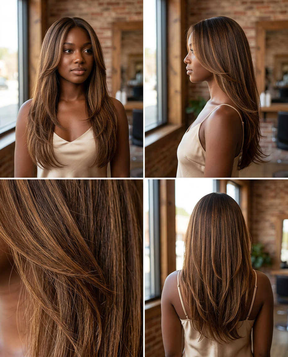 waist-length haircut with syrup brunette & caramel ribbons, long wispy layers, glamorous mood