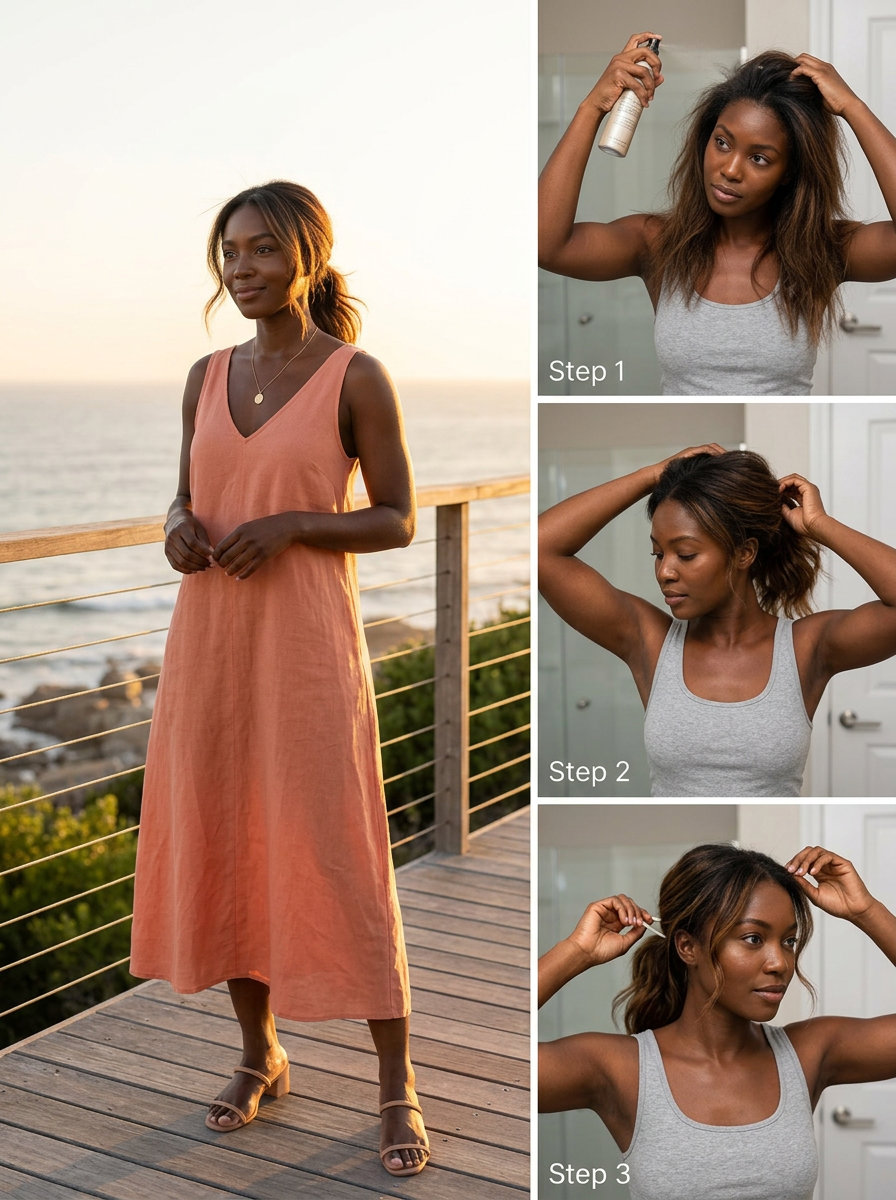 long syrup brunette relaxed ponytail with caramel ribbons and face-framing pieces for casual date night