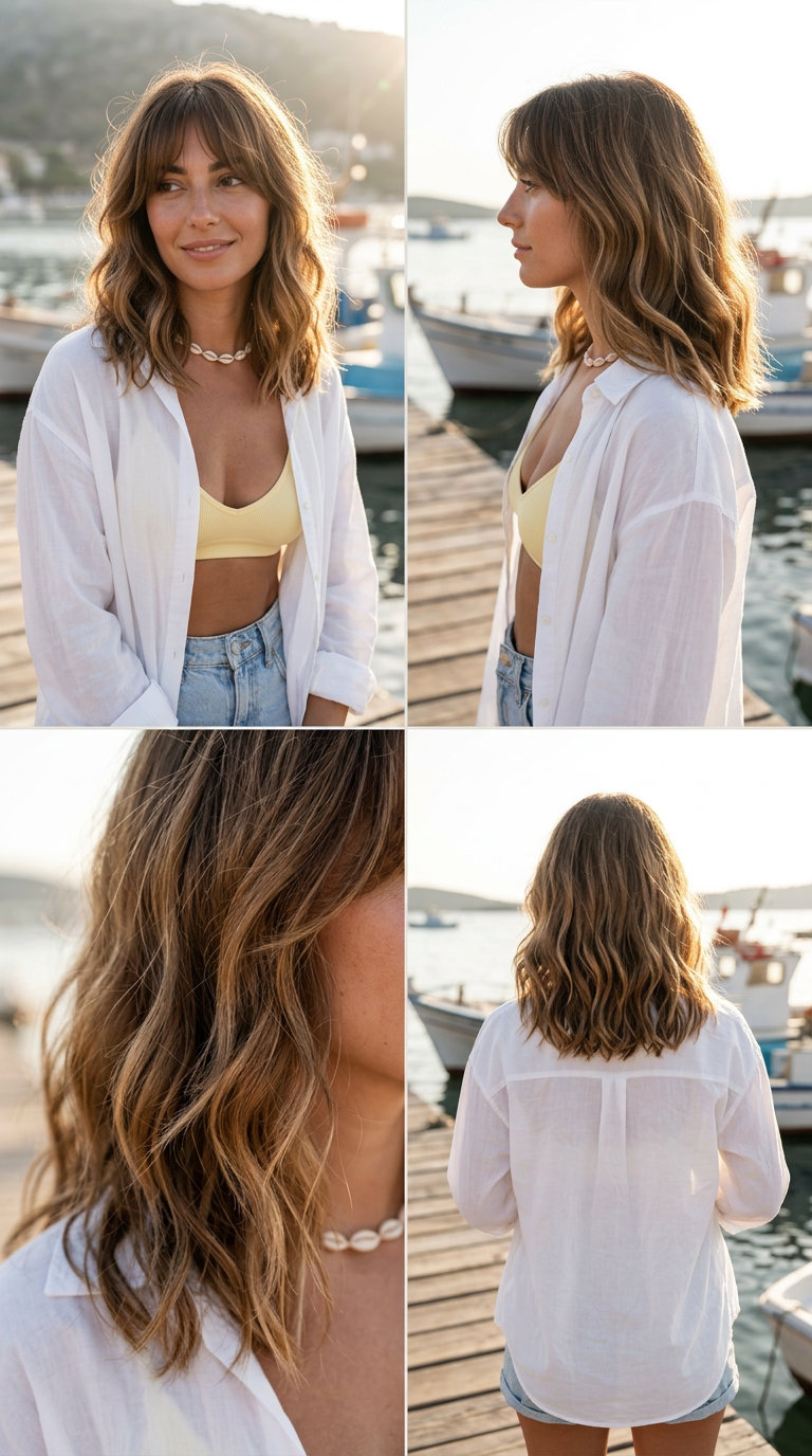 medium syrup brunette curtain waves with caramel highlights and face-framing bangs for beach day