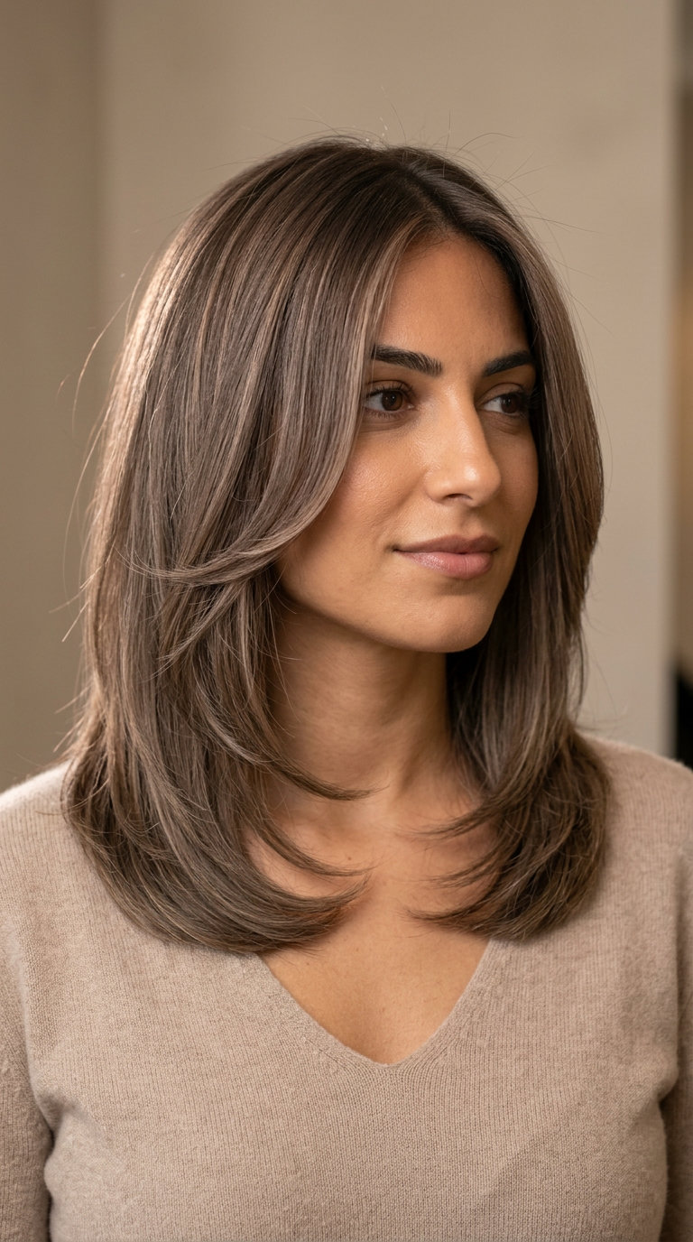 Sculpted Curve Cut: Polished Summer Haircut 2026 shoulder-length haircut in taupe brunette with ash beige babylights, C-shaped face-framing layers and U-shape back — modern summer style