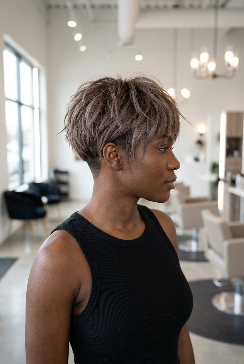 short disconnected haircut with Taupe Haze ash brown, razored layers, textured top — edgy weekend look