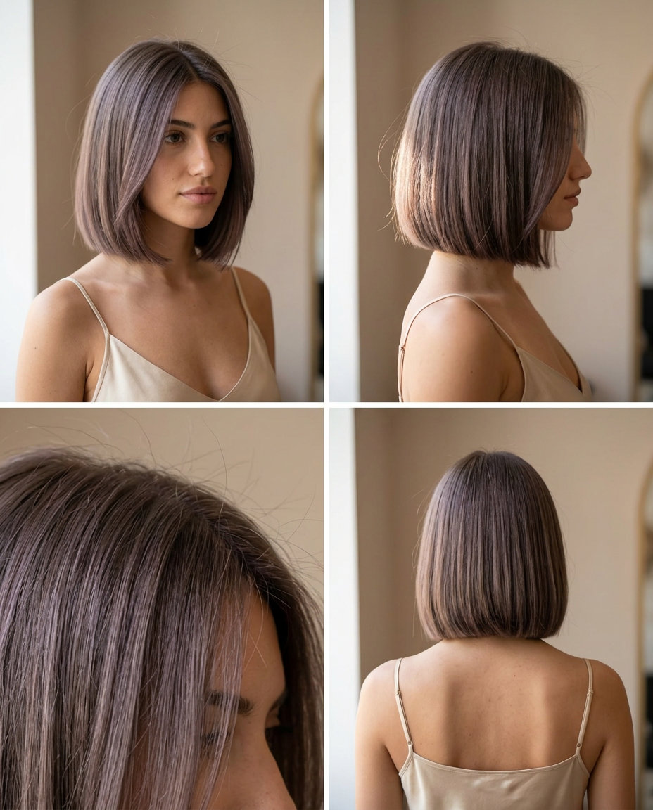 short taupe haze ash brown blunt bob with off-center part for chic look