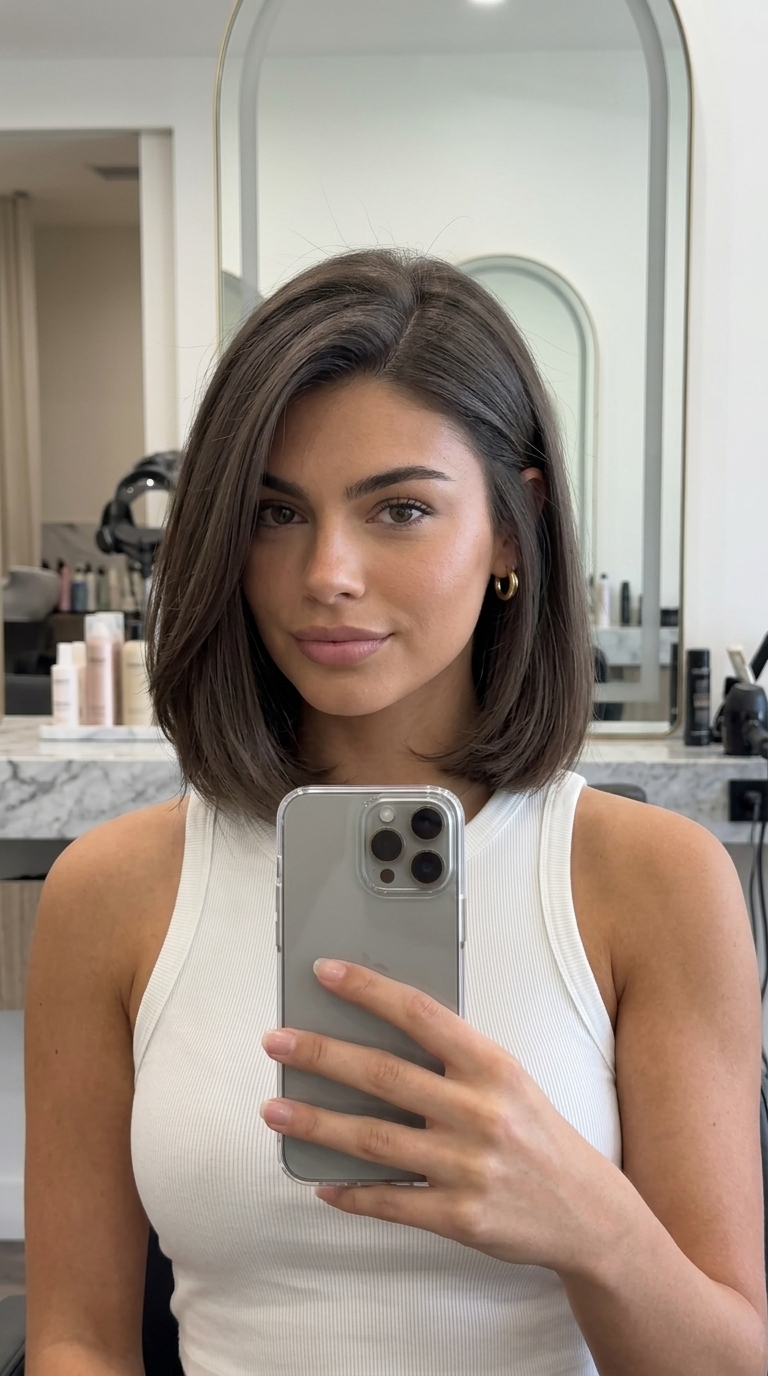 short taupe haze ash brown bob with blunt perimeter and side part for sophisticated look