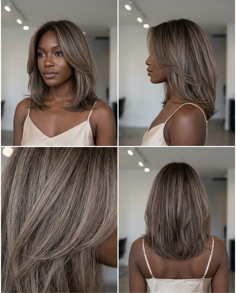 long layered mushroom brown reverse balayage with cool beige, hand-painted lowlights, soft V-cut back — bold, artistic, sophisticated